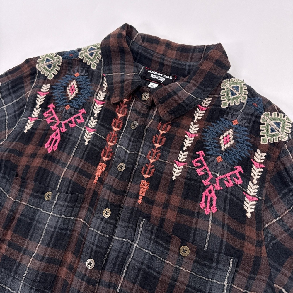 Johnny Was Workshop Tunic Shirt Large Plaid Embroidered Aztec Button Down